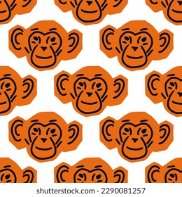 Seamless pattern with Monkey head illustration in minimalist cutting style on white background