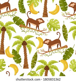 Seamless pattern with monkey in a jungle. Vector illustration for print, textile, design