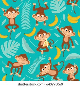 seamless pattern with monkey on blue background - vector illustration, eps