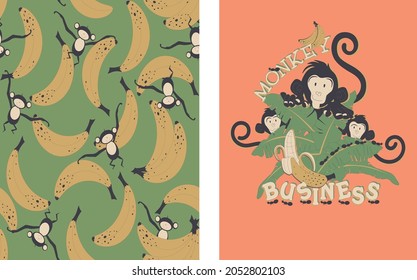 seamless pattern with monkey on palm tree - vector illustration, eps