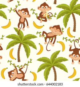 seamless pattern with monkey on palm tree  - vector illustration, eps