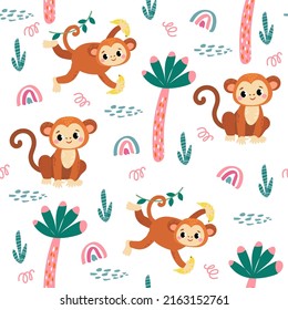 seamless pattern with monkey and plants in a childish cartoon style. vector illustration. for children's textiles and decoration