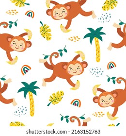 seamless pattern with monkey and plants in a childish cartoon style. vector illustration. for children's textiles and decoration