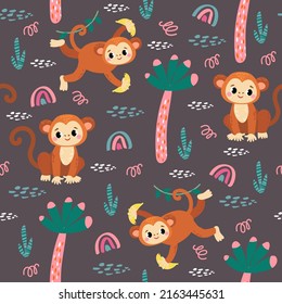 seamless pattern with monkey and plants in a childish cartoon style. vector illustration. for children's textiles and decoration
