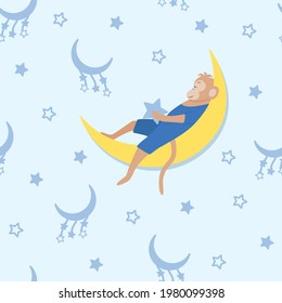 Seamless pattern of a monkey sleeping on the moon, starry sky. Vector illustration of the children concept of sleep, good night