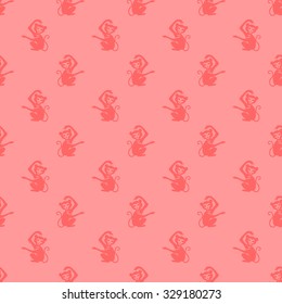 Seamless pattern with the monkey symbol of new 2016 on a pale red coral background