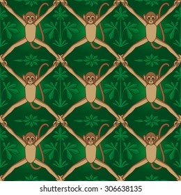 Seamless pattern with monkey and tropical foliage. Vector Illustrator.