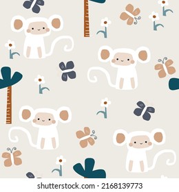 Seamless pattern with monkey and tropical plants. Childish cute print. Vector hand drawn illustration.