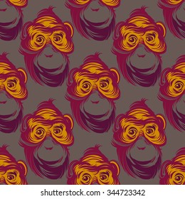 Seamless pattern with monkey. Vector line art.