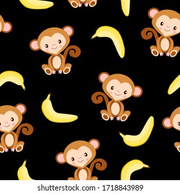 Seamless pattern with monkey and yellow banana. Black background. Flat cartoon style. Healthy food. Vegan and vegetarian lifestyle. For children. For postcards, wallpaper, textile and wrapping paper