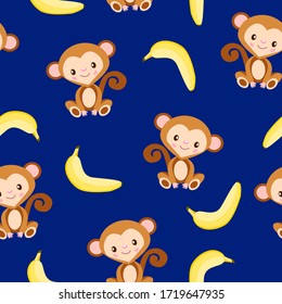 Seamless pattern with monkey and yellow banana. Blue background. Flat cartoon style. Healthy food. Vegan and vegetarian lifestyle. For children. For postcards, wallpaper, textile and wrapping paper
