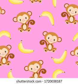 Patrón sin foco con mono y plátano amarillo. Fondo rosa. Estilo de caricatura plano.Alimentos saludables. Estilo de vida vegetariano y vegetariano. Para los niños. Para postales, papel pintado, papel textil y papel de envoltura