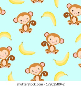 Seamless pattern with monkey and yellow banana. Blue background. Flat cartoon style. Healthy food. Vegan and vegetarian lifestyle. For children. For postcards, wallpaper, textile and wrapping paper