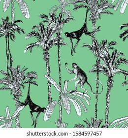 Seamless Pattern Monkeys Animals  in Jungle Forest Banana Palms Trees Wildlife Vintage Outline Drawing on Emerald Green Color Background, Wildlife Hand Drawn Print Tropical Plants