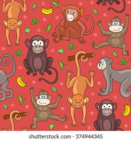 Seamless pattern with monkeys, bananas and leaves. Vector illustration for your cute design.