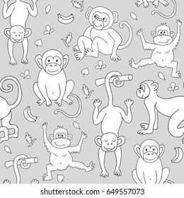 Seamless pattern with monkeys, bananas and leaves. Vector illustration for your cute design.