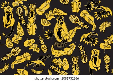 seamless pattern with monkeys, cheetah and tropical birds and leaves, vector design for paper, fabric and other surface