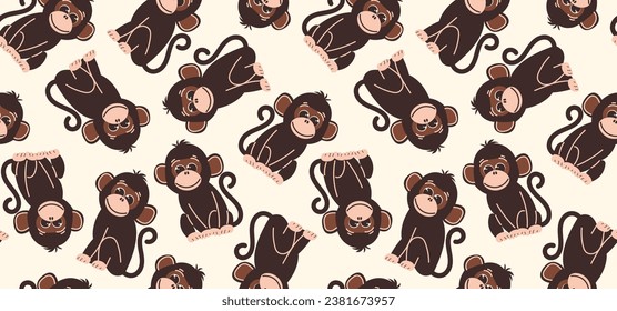Seamless pattern with monkeys in flat style. Vector background with cute monkey characters. Abstract background.
