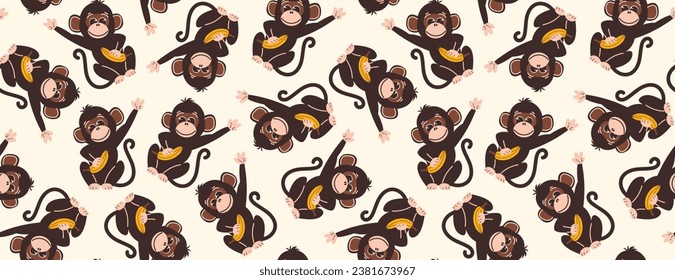 Seamless pattern with monkeys in flat style. Vector background with cute monkey characters with banana in hand. Abstract mirror background.