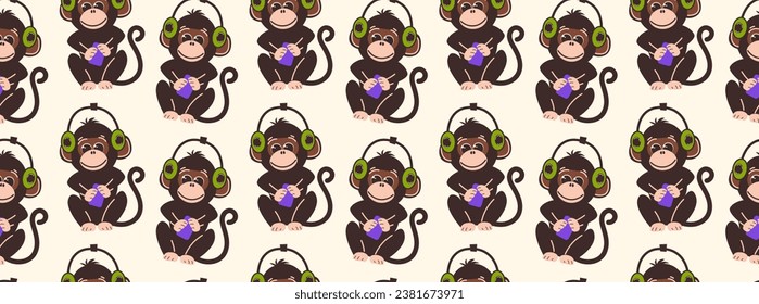 Seamless pattern with monkeys in flat style. Vector background with cute monkey characters wearing headphones.