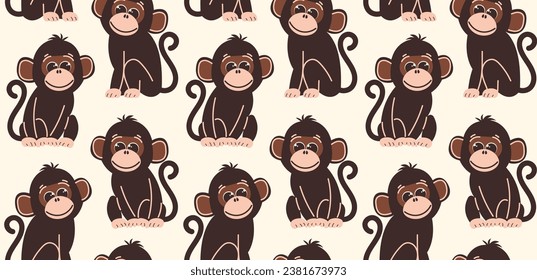 Seamless pattern with monkeys in flat style. Vector background with cute monkey characters in a sitting pose. 