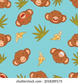 Seamless pattern with a monkey's head, a banana and green leaves on a light blue background. Isolated objects. Vector illustration