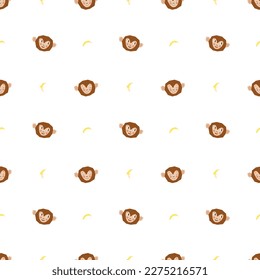 A seamless pattern of monkeys head and bananas. Pattern for fabric, wrapping paper, childrens clothing. Vector illustration in a flat style.