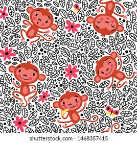 Seamless pattern with monkeys in the jungle
