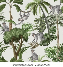 Seamless pattern with monkeys and jungle trees. Vector