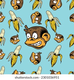 seamless pattern of monkeys and peeled bananas in retro style