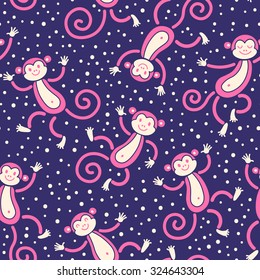 Patrón sin problemas con monos jugando en invierno de nieve. Ilustración vectorial.