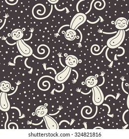 Seamless pattern with monkeys playing in snow winter. Vector illustration.