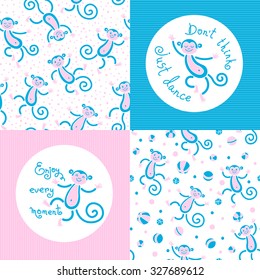 Seamless pattern with monkeys playing in snow winter. Card or T-shirt design Don't think just dance and Enjoy every moment. Vector illustration.