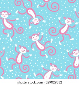 Seamless pattern with monkeys playing in snow winter. Vector illustration.