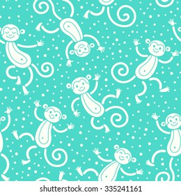 Seamless pattern with monkeys playing in snow winter. Vector illustration.