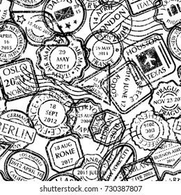 Seamless pattern from monochrom grungy different shapes Postal Stamps. Vector illustration