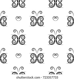 Seamless pattern of monochrome abstract butterfly and heart vector background. Black and white creative floral pattern. Elegant design pattern. (Pattern is in swatch panel.)