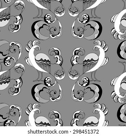 Seamless pattern of monochrome beautiful peacocks. Vector illustration