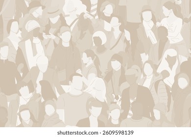 Seamless pattern with monochrome beige crowd of different people, pastel color men and women. Diversity concept. Pedestrians at rush hour walking. Vector illustration.