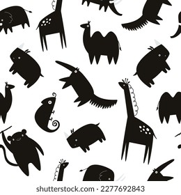 Seamless pattern with monochrome black african animals. Illustrations in a modern style for prints, clothing, packaging and postcards.