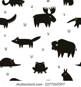 Seamless pattern with monochrome black animals. Illustrations in a modern style for prints, clothing, packaging and postcards.