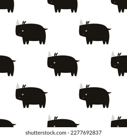 Seamless pattern with monochrome black rhinos. Illustrations in a modern style for prints, clothing, packaging and postcards.
