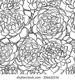 seamless pattern with monochrome, black and white flowers. Hand-drawn contour lines and strokes.