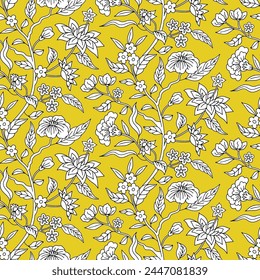 Nahtloses Muster mit monochromen Schwarz-Weiß-Chinoiserie handgezeichnete Motive auf gelbem Hintergrund. Blumiger Bildschirmhintergrund mit Orintal Folk Style Ornament.