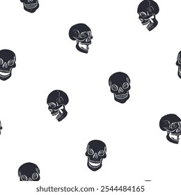 Seamless pattern with monochrome black and white hand drawn inky skulls. Skeleton heads repeat background.