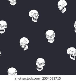 Seamless pattern with monochrome black and white hand drawn inky skulls. Skeleton heads repeat background.