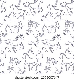 Seamless Pattern monochrome black and white Silhouettes of Graceful Galloping and Rearing Horses,  Vector Background for Textile, Wrapping Paper, and Equestrian Themed Design Projects