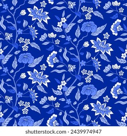 Seamless pattern with monochrome blue chinoiserie hand drawn motifs. Floral wallpaper with orintal folk style ornament.