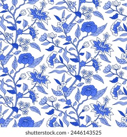 Patrón sin costuras con motivos dibujados a mano de chinoiserie azul monocromo. Fondo de pantalla floral con ornamento de estilo folclórico oriental.