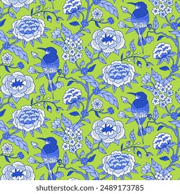 Seamless pattern with monochrome blue chinoiserie hand drawn flowers and birds motifs. Floral wallpaper with chinese style ornament.